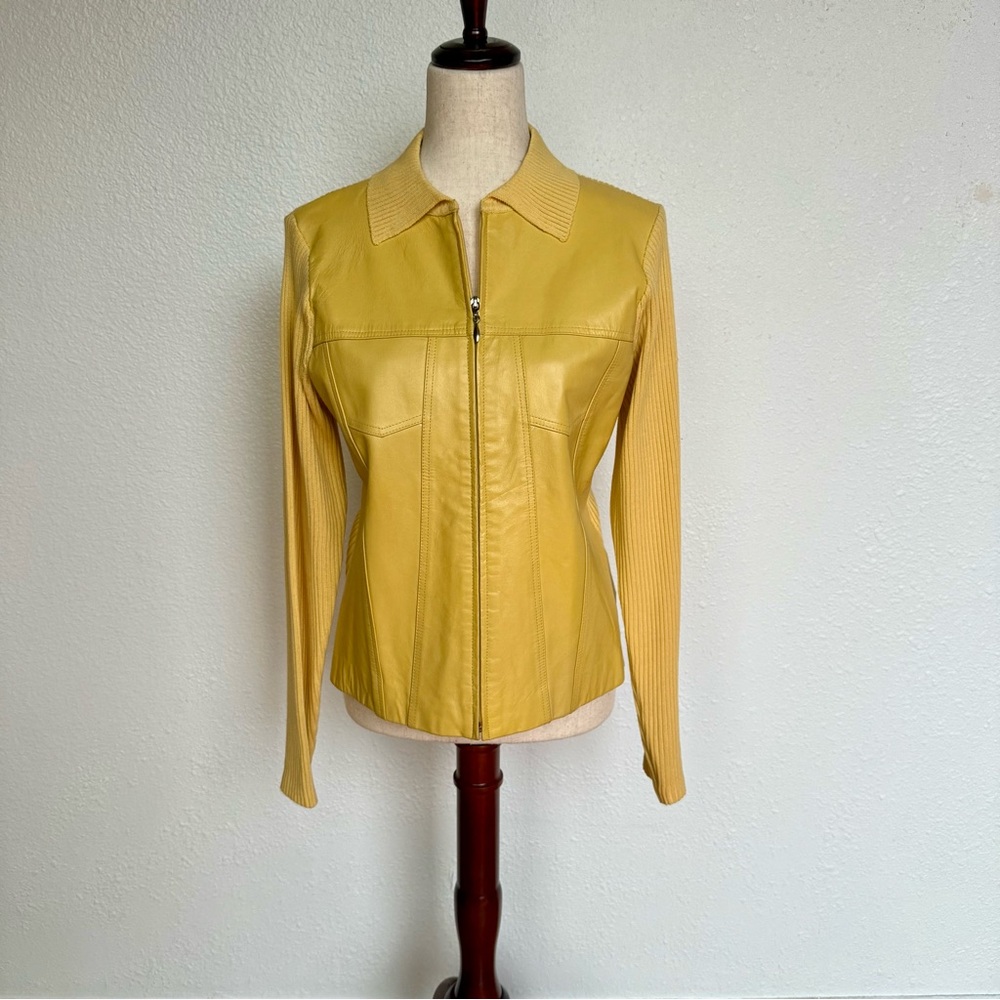Escapade Women’s Lemon Yellow Leather/Knit Zip Front Sweater Size Medium